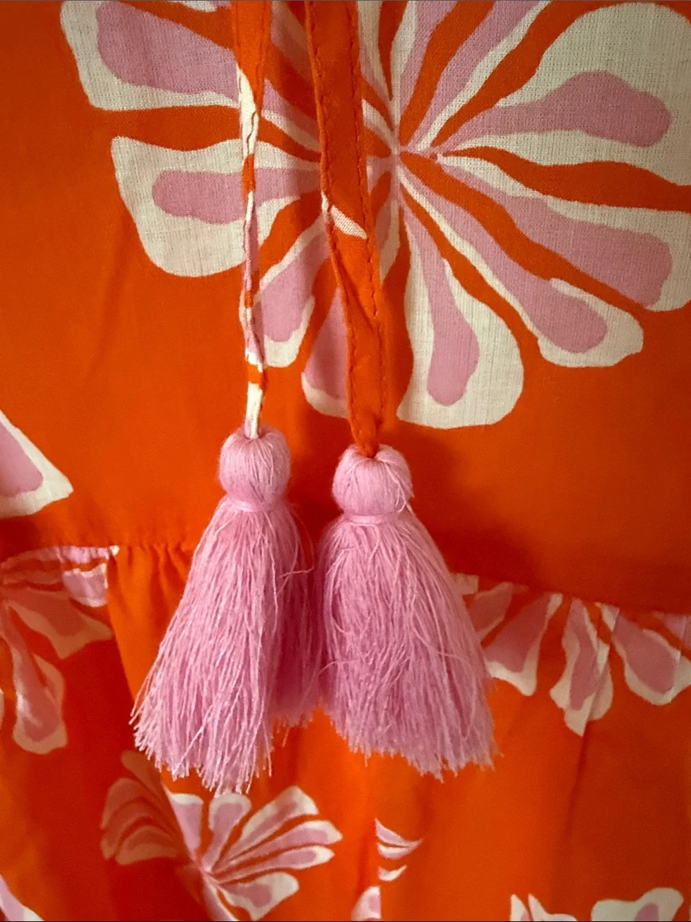 NWT J. Crew Cotton Orange Floral Tiered Dress with Pink Tassels Sz S